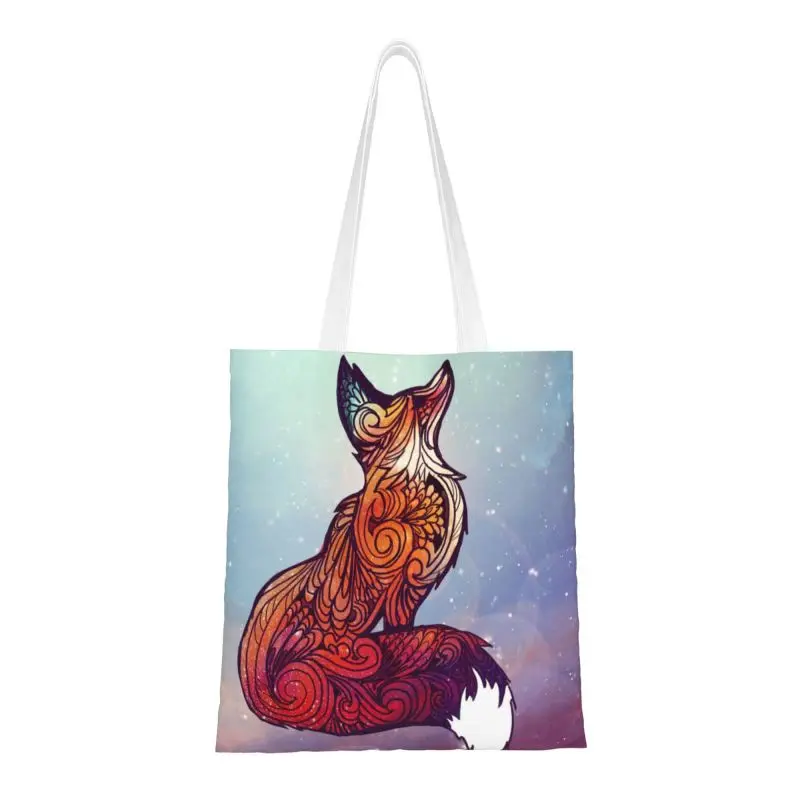 Recycling Cartoon Space Fox Pattern Shopping Bag Women Canvas Shoulder Tote Bag Durable Animal Groceries Shopper Bags