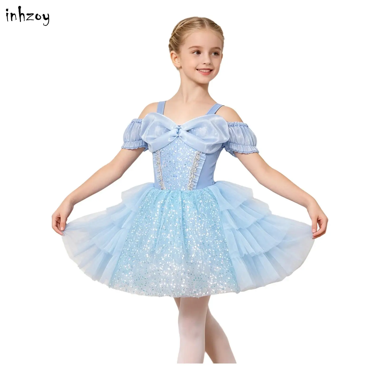 Kids Girls Professional Ballet Leotards Dress Modern Dance Costume Shiny Sequin Ruched Ruffled Tulle Tutu Dress Princess Dress
