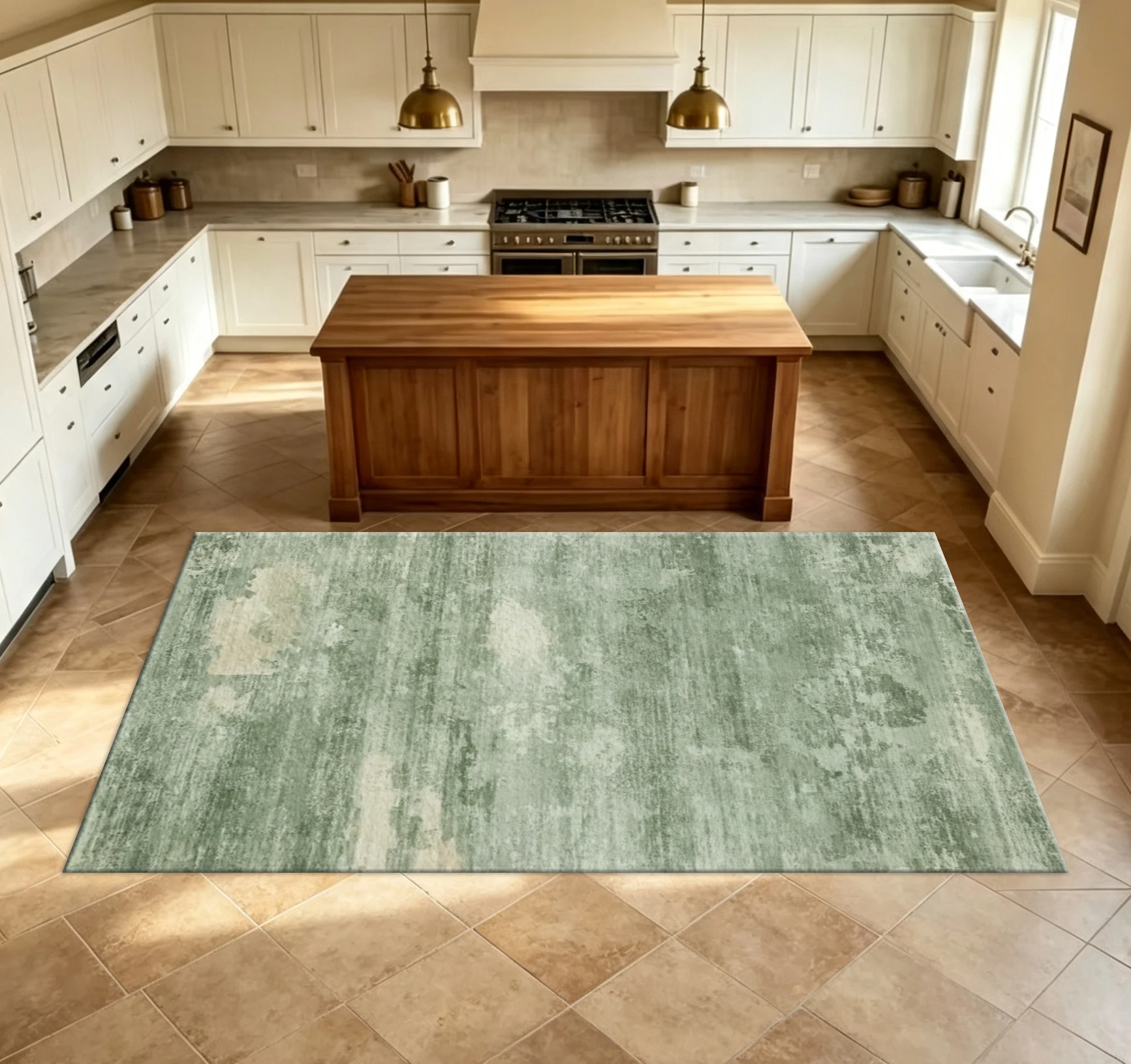 Vintage Worn Brush Stroke Abstract Carpet Flooring Sage Green Beige Distressed Texture Household Area Rug For Indoor Decoration