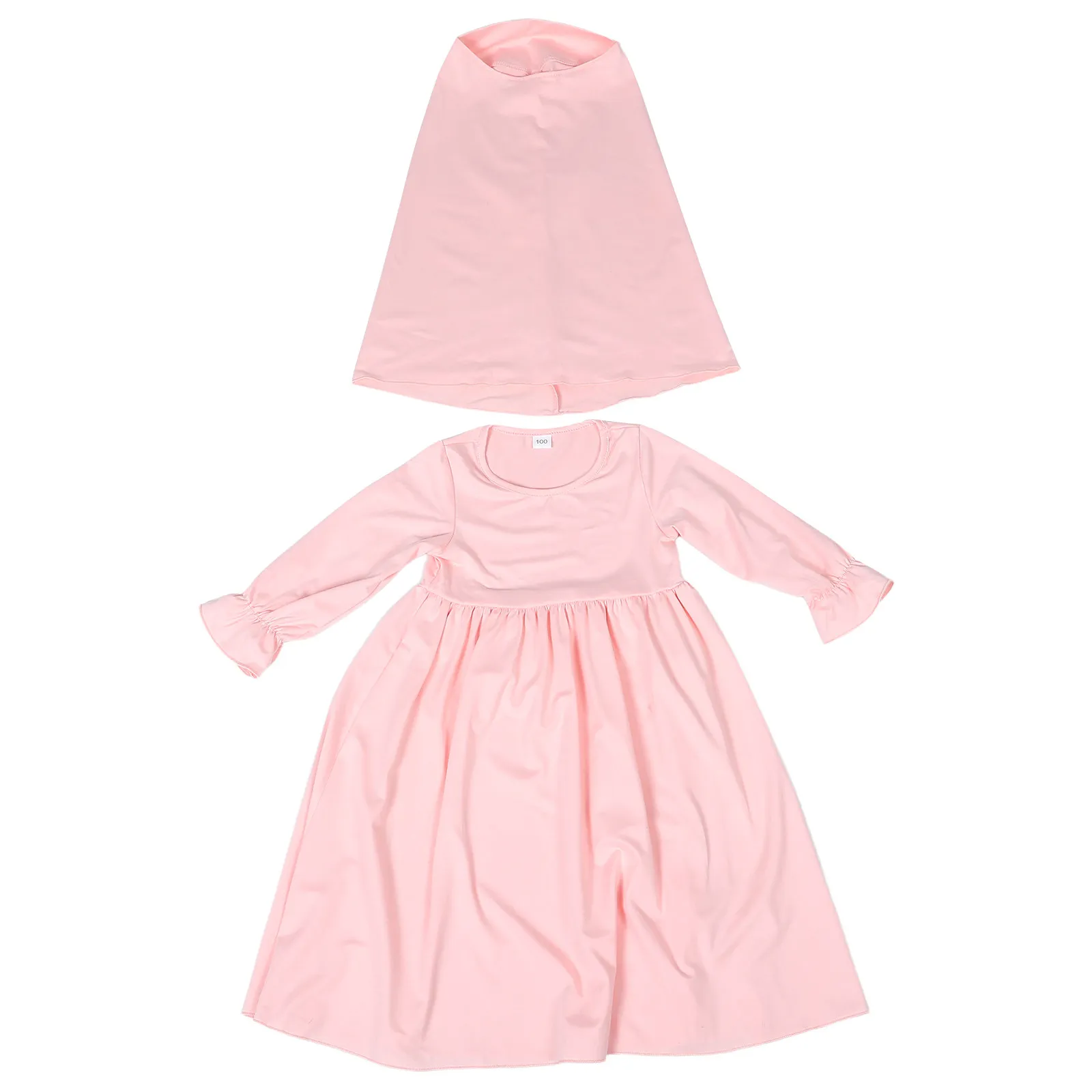 1Set Elegant Solid Color Baby Girl Muslim Dress Set Long Sleeve Gown with Matching Headscarf for Ramadan Prayer Cultural Events
