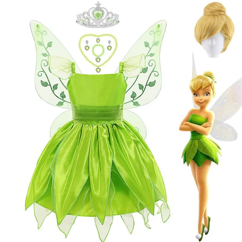 Halloween tinkerbelling costume for girls flower fairy cosplay costume Kids Carnival green princess gown children birthday gift