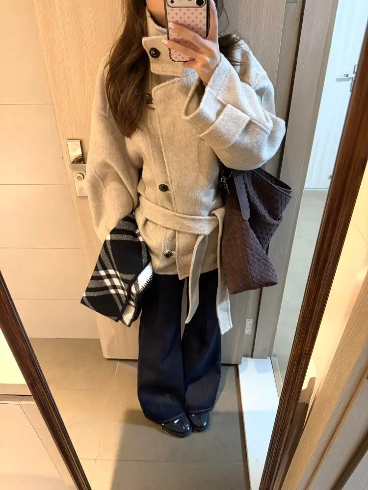 겨울 코란 패션 Y2K 스타일 여성 코트 따뜻한 캐주얼 프렌치 우아한 디자인 울 스탠드업 칼라 트렌치 코트 여성 의류