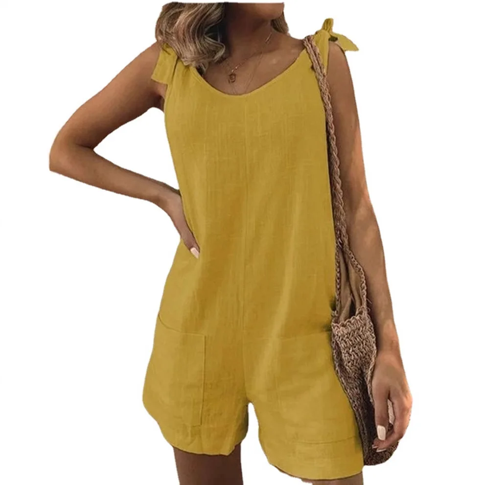 Jumpsuit Tali Kasual Berenda Warna Solid Celana Lurus Linen Katun Wanita Romper Celana Pendek Longgar Pakaian Jalanan Keseluruhan Bib