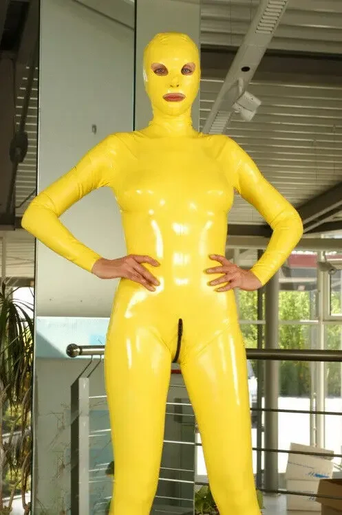 

100% Latex Rubber Gummi Catsuit Ganzanzug Yellow Party Suit Overall Kostüm Mask