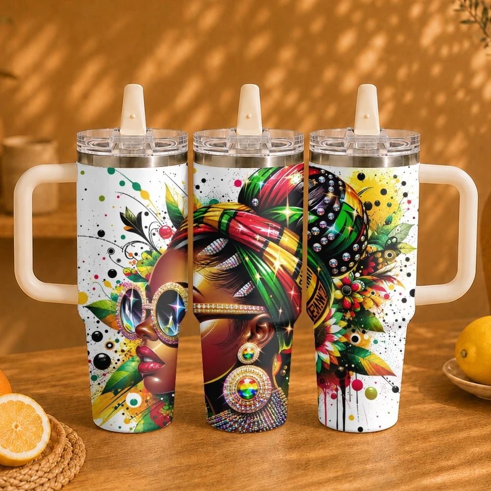 Vintage African Lady Vacuum Flasks 40oz Vacuum Insulated Travel Mug - Stainless Steel Straw Cup Lid