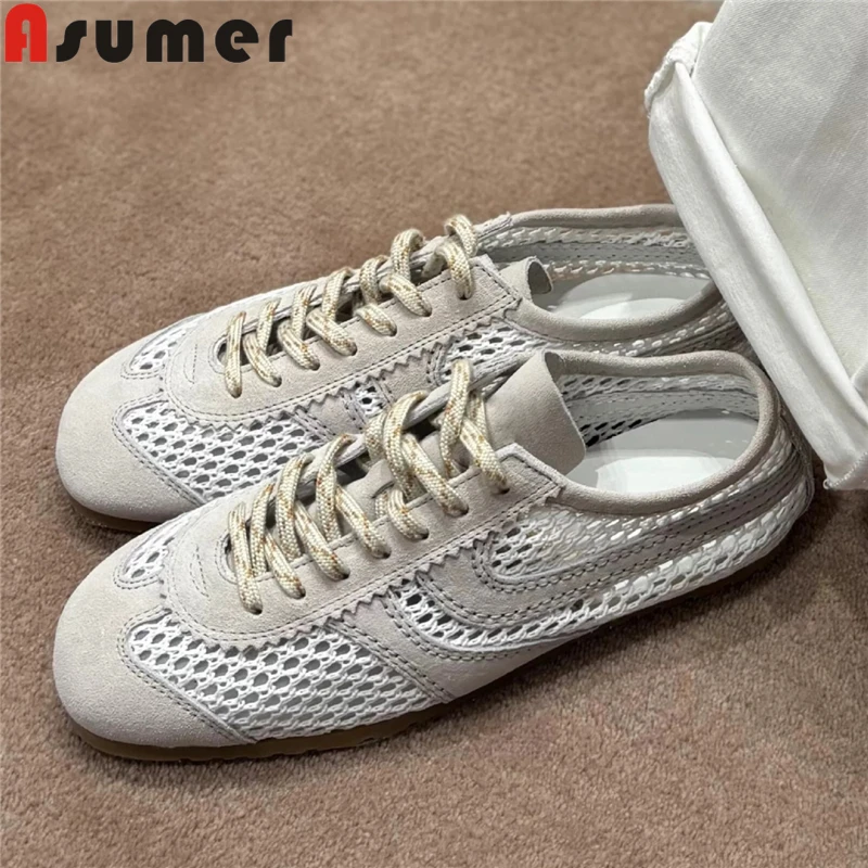

ASUMER INS Fashion Suede Leather Women Sneakers Pink Beige Lace Up Mesh Breathable Hollow Flat Shoes Summer Casual Shoes
