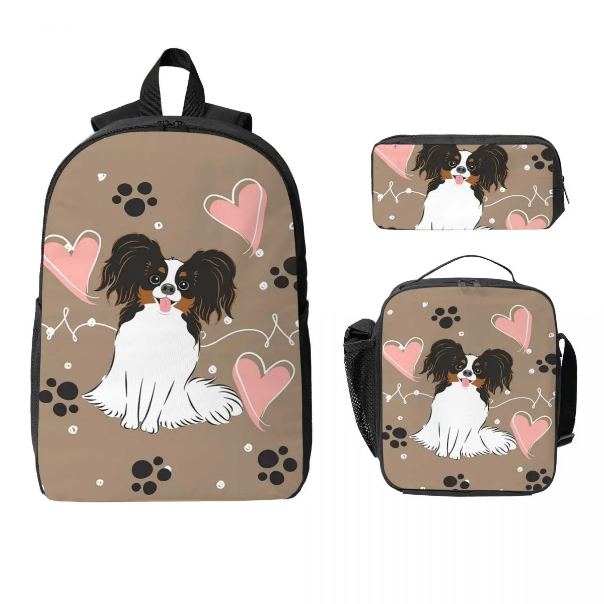 

Love Tri Color Papillon Dog Backpack Student Boys Girls BookBag School Bag Shoulder Bags 3ps Insulated Lunch Bag Pencil Case
