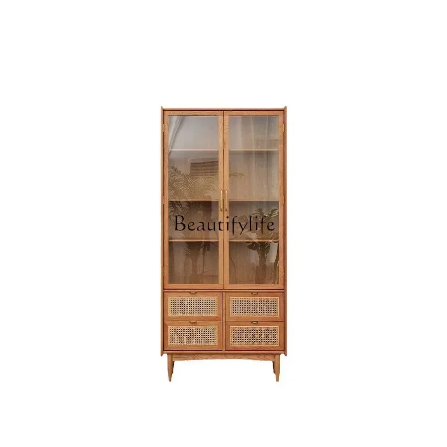 

New Arrivals Nordic Cherry Wood All Solid Wood Glass Door Locker Rattan Display Cabinetss 7304