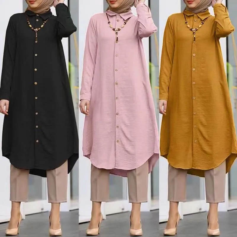 

Long Sleeve Tops for Muslim Women Lapel Casual Tunic Dress Arabes Vestidos Dubai Abaya Islamic Blouse Turkey Blusas Robe Longue