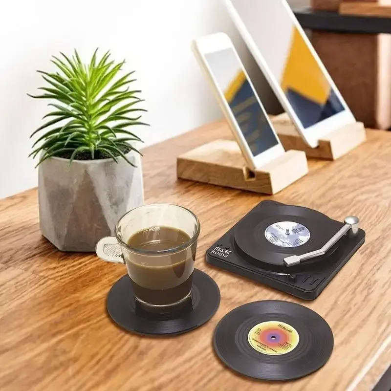 6PC Retro Vinyl Record Cup Coaster with Player Anti-slip Coffee Coasters Heat Resistant Music Drink Mug Mat Table Placemat Decor