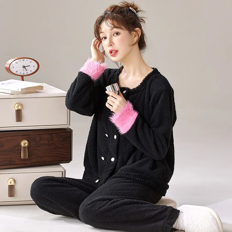 Pigiama da ragazza a mezza pile foderato in pile ispessito girocollo manica cardigan homewear primavera autunno inverno indumenti da notte da donna