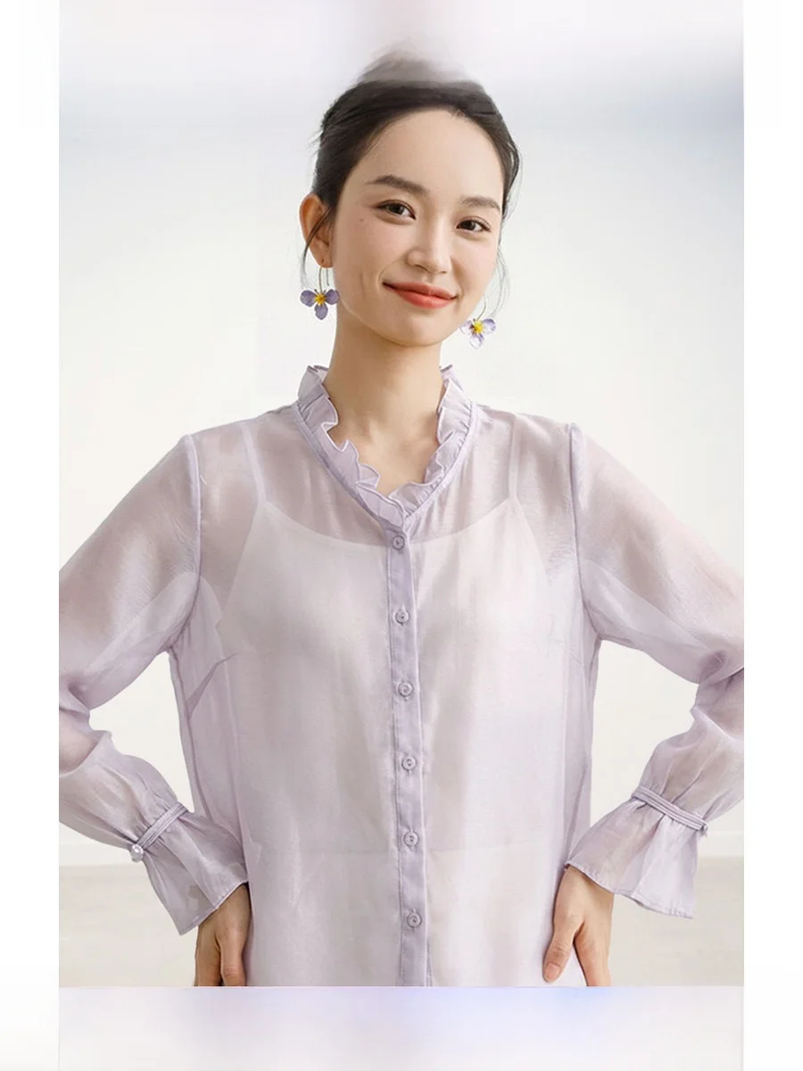 

ROCO Retro Chinese Sle irt round Ne Button up Lantern Sve Elely Versatile for Daily Wear And Outer Layering