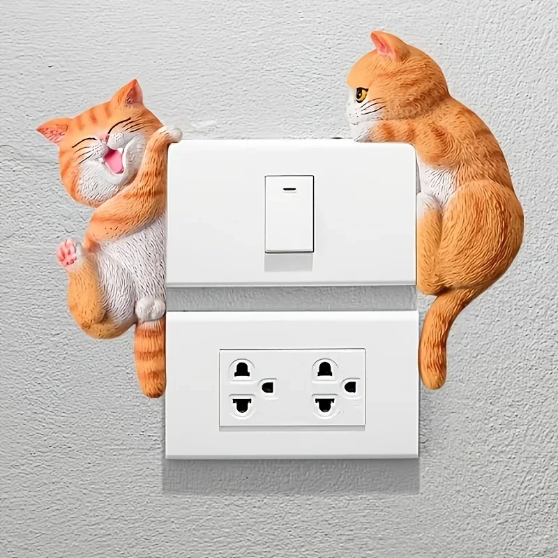 2ps Creative Feline Wall Sticker for Switch Decoration, Ideal for Living Area and Bedroom, Grey & Orange, Cute