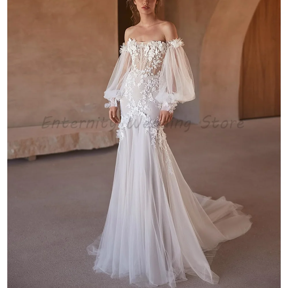 Off The Shoulder Puff Bubble Sleeve Wedding Dress 3D Floral Lace Sheer Corset Tulle Mermaid Bridal Gown With Train
