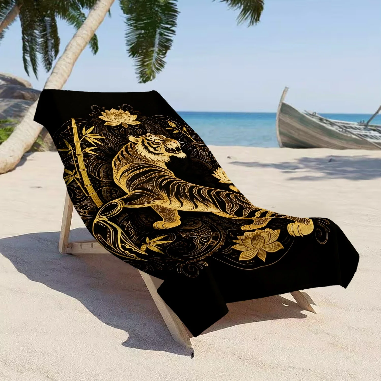 Golden Tiger Beach Towel, Black Lotus Bamboo Print, Oriental Art Design, Quick Dry Microfiber, Gift for Wildlife Lovers