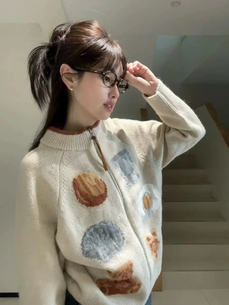 

Gagaok Knitted Cardigan Women College Style Autumn Winter Sweater Jacket Korean Fashion Zipper Jacquard Coat Top Cardigans