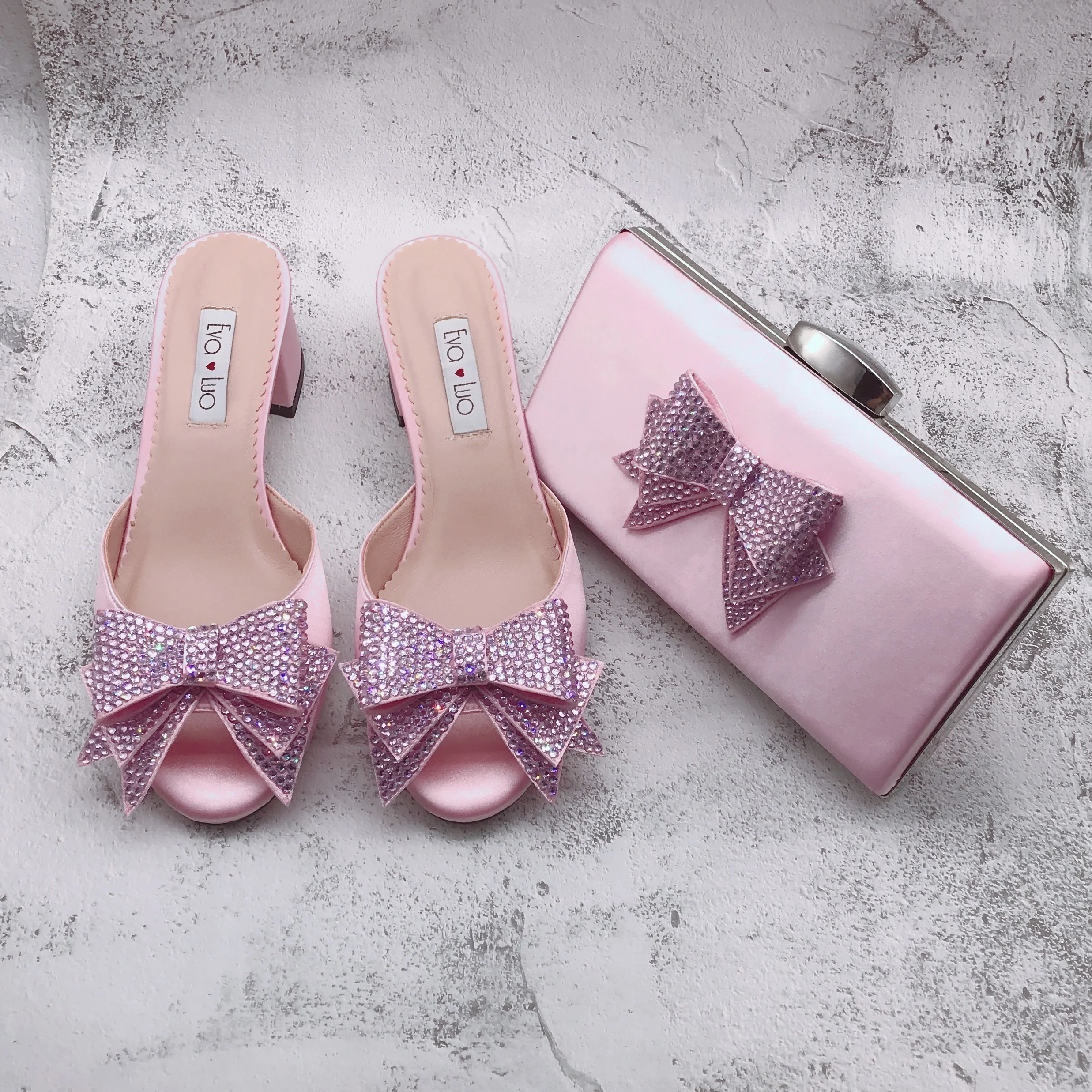 BS1679 Custom Handmade Dress  Slipper Bridal Wedding Shoes Low Block Heel  Pink Rhinestones Crystal Shoes And Bag Set