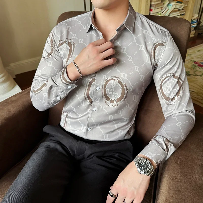 Luxury Brand Long-sleeved Men Printed Shirts Spring Autumn Fashion Slim Fit Men\'s Blouses Social Korean Streetwear Plus Size 6XL