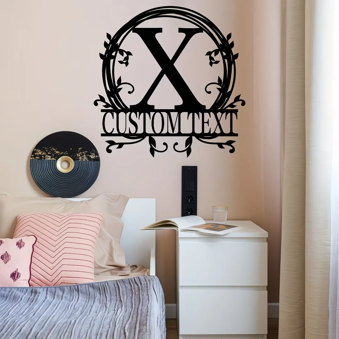 

Металлическая настенная табличка на заказ - Персонализированный черный декор для дома с изысканным цветочным узором, металлический силуэт для гостиной, двери