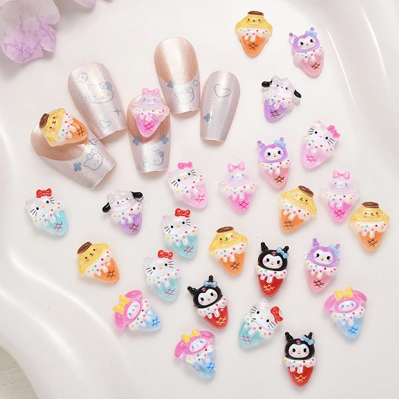 20pcs Sanrio Nail Art Charms Kuromi Melody Cinnamoroll Pochacco 3D Cartoon Nail Decoration Summer Ice Cream Manicure Salon DIY