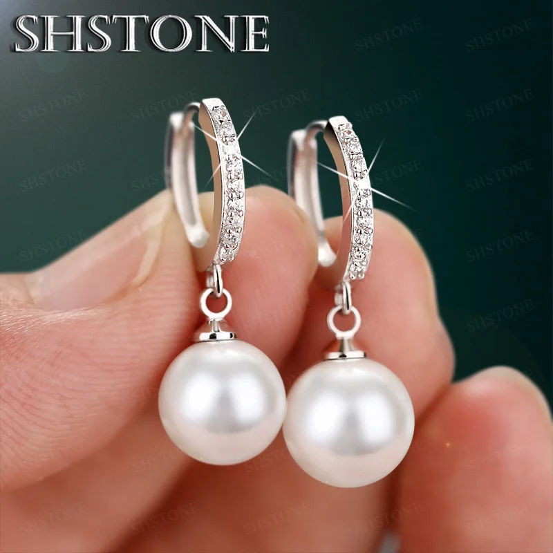

SHSTONE Freshwater Pearl 925 Sterling Silver Earrings Crystal Jewelry for Wemon Wedding Gift Party Classic