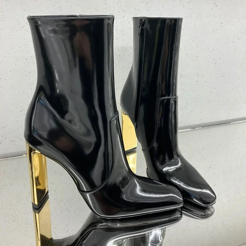 

Black Patent Leather Gold Heel Ankle Boots Woman Winter 2025 Square Toe Side Zipper Thick-Heeled British Style Boots Fashion