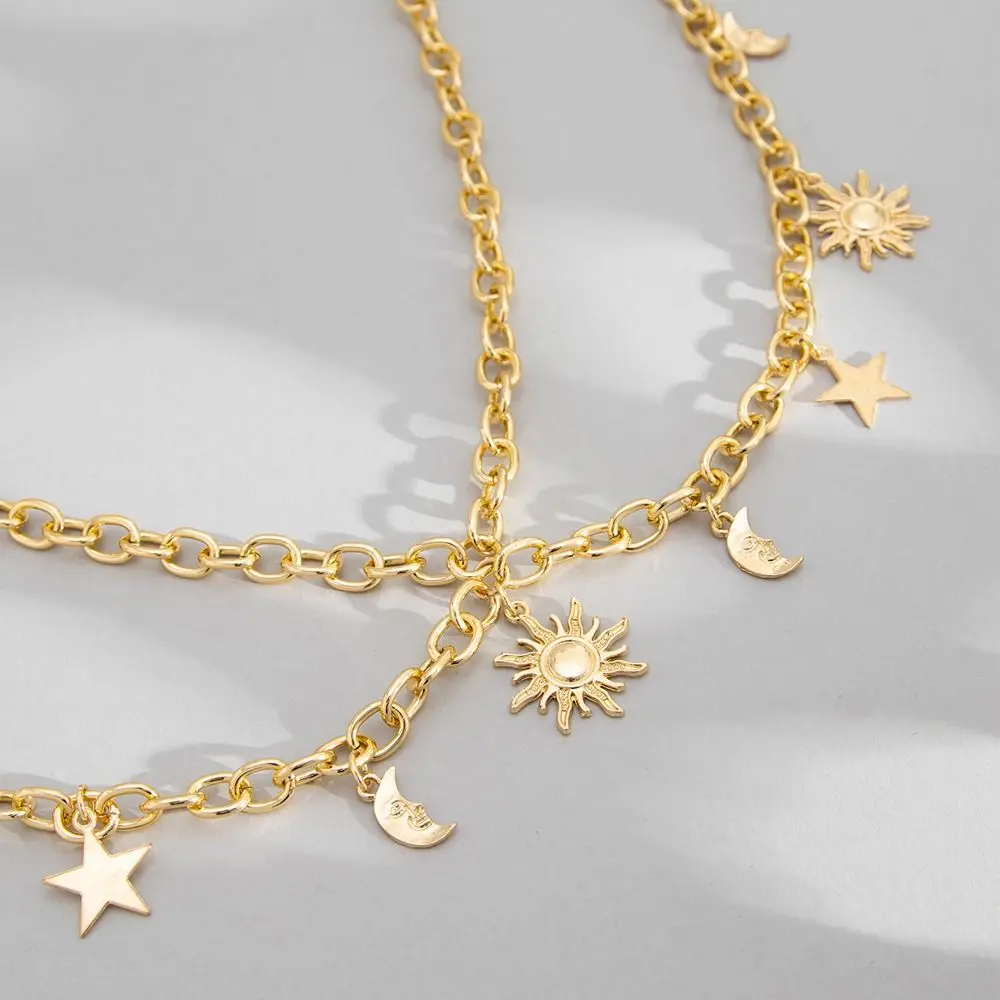 Sabuk Rantai Pinggang Punk Rumbai Bintang Bulan Matahari Cocok untuk Semua Gaun Antik Sabuk Rantai Dek Ganda Hip Hop Retro untuk Wanita