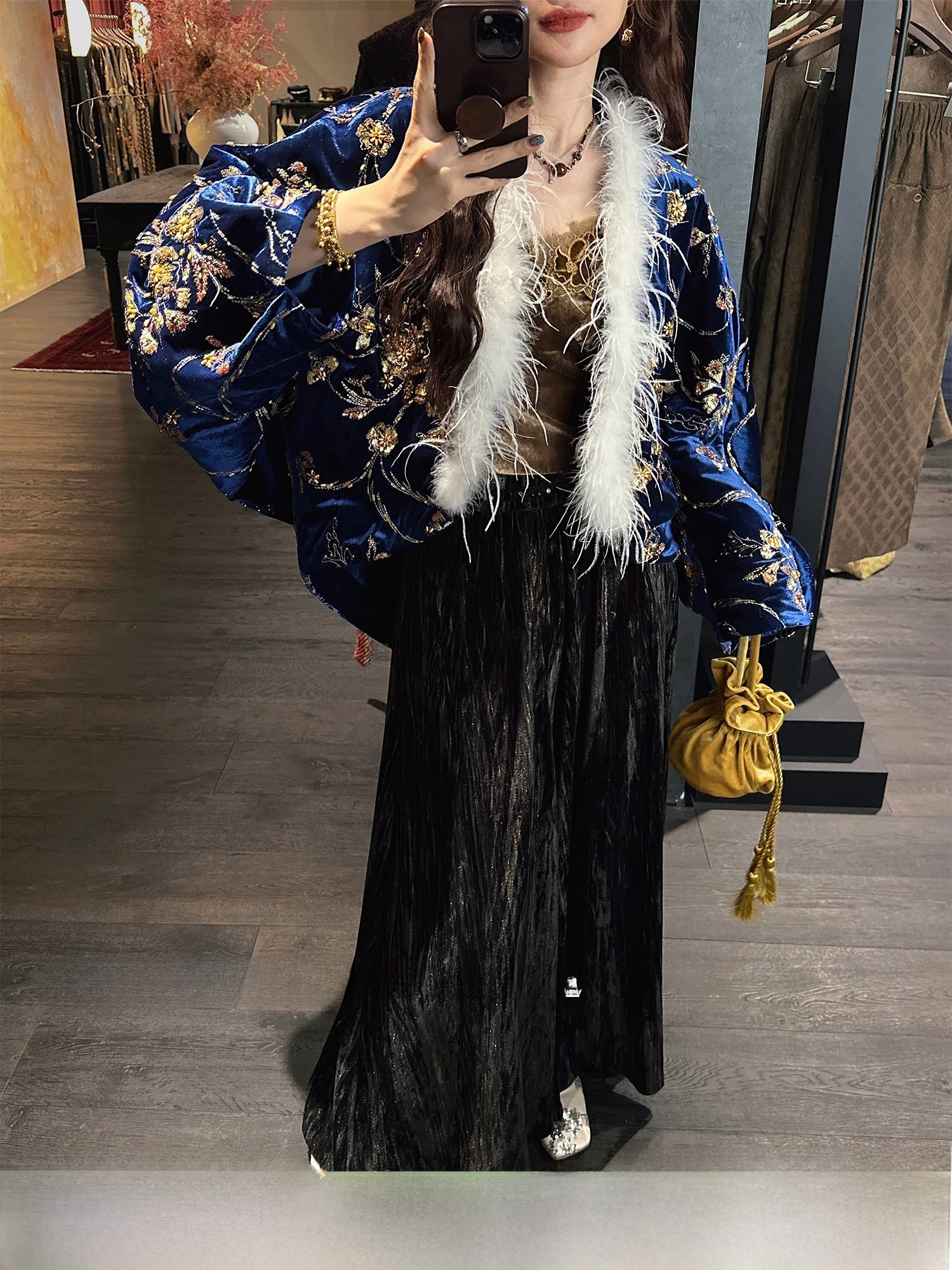 

Sanji Black Flower New Chinese Style Velvet Wide Leg Pants Women's Casual Skirt Pants Autumn Winter Fashion Comfortable Skirts