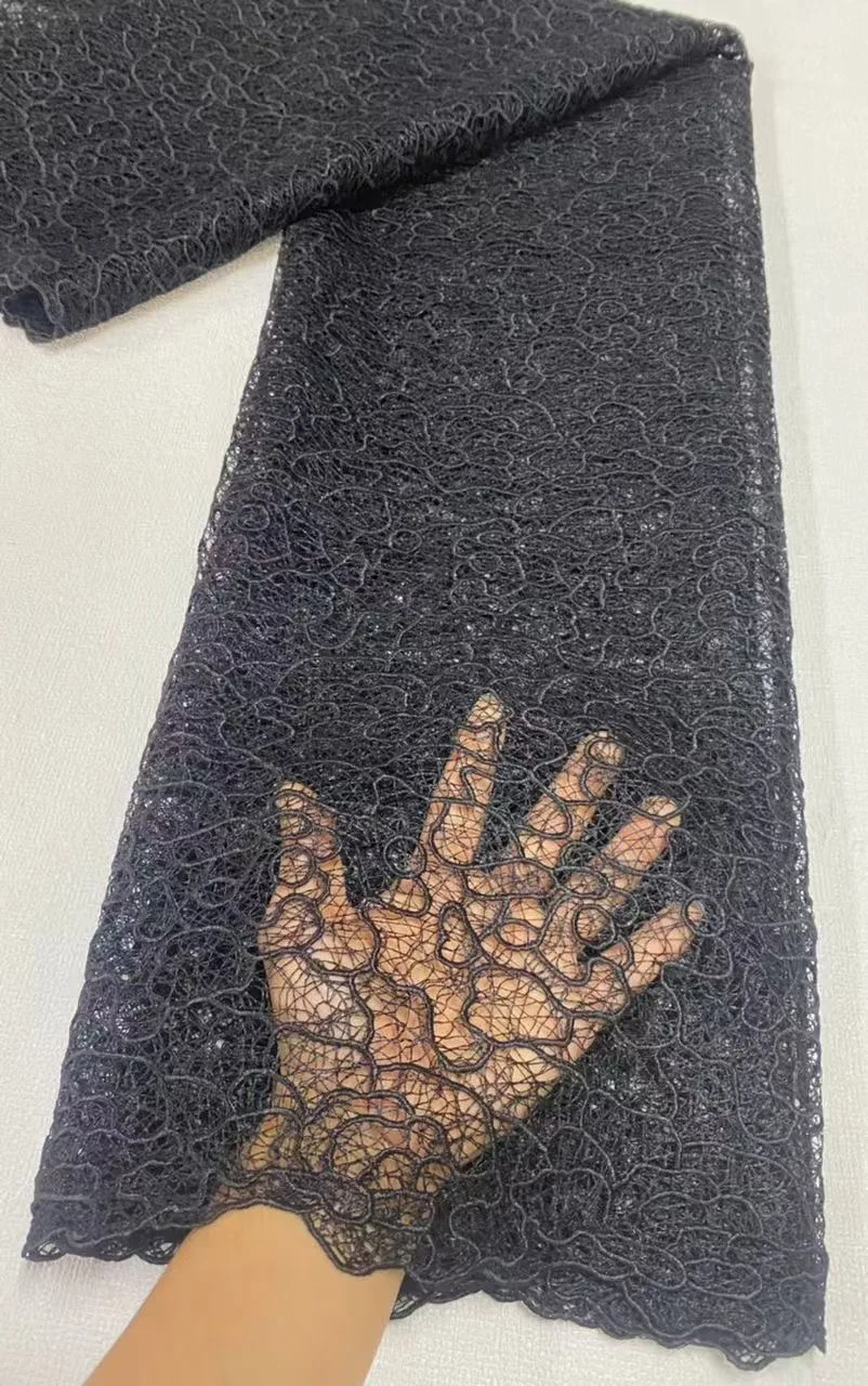 

Африканская нигерийская вышивка, тюль, кружевная ткань, высокое качество, хлопок для свадебной вечеринки, платье, дамасский черный цвет, 5 ярдов, JL437, 2025 г.