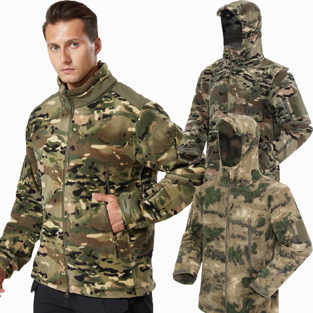 Men's Stand-up Collar Fleece Warm Jacket Outdoor Military Hunting Sports Windproof Multi-pocket Camouflage Tactical Jacket