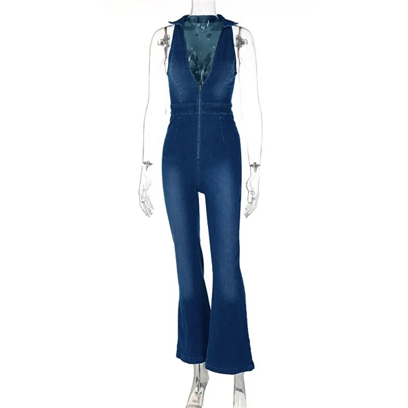Vintage Denim Halter Jumpsuits Women Classic Street Style Sleeveless Lapel Neck Zip Up Skinny Flare Overall Female Daily Outfits
