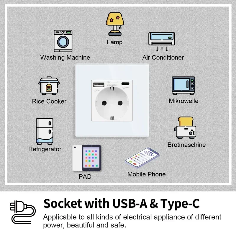 Tomada de parede com USB Tipo C Interruptor e Tomada com TV Internet CAT6 interface EU Padrão branco Crystal Glass Light Switch