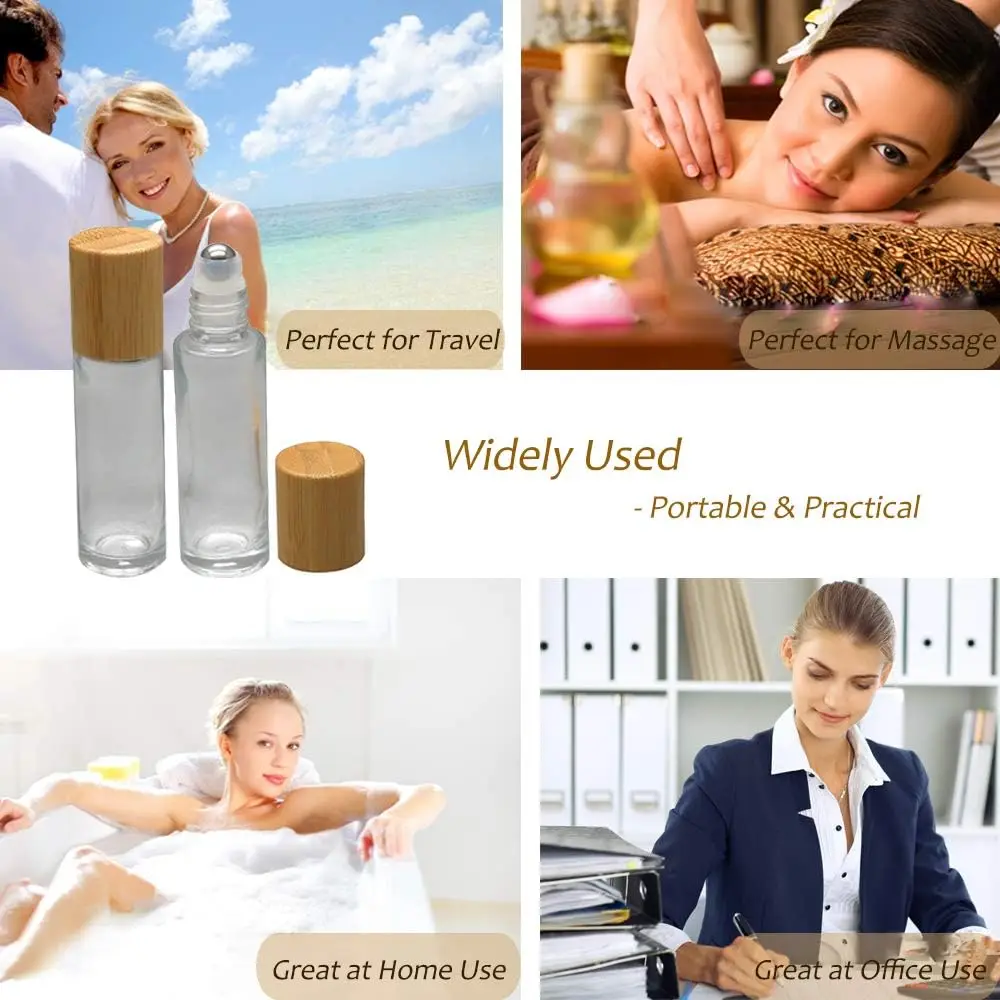 12Pcs 10ml Glass Roll on Bottle with Bamboo Lid for Essential Oils Refillable Perfume Bottles with Stainless Steel Roller Ball