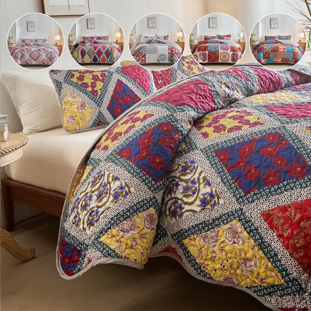 

Machine Washable Vintage Print Quilt Set 3PCS Bedding Polyester Cotton Quilt Bed Cover Aircondition Bedspread Pillowcase Bed Set