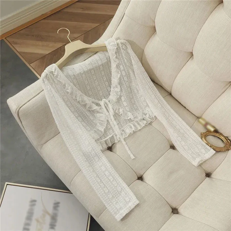 

Women Summer Sun Protection Coat Lace Bow Ruffle Cardigan Shirt Female Blouse Tops for Woman Covers Blusa White Y2K Korean Tee