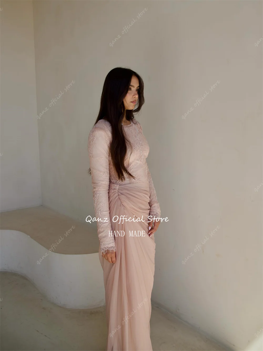 Qanz Blush Pink Mermaid Long Sleeves Chiffon O Neck Wedding Guest Dress Lace Women Vestidos Elegantes Para Mujer Customized