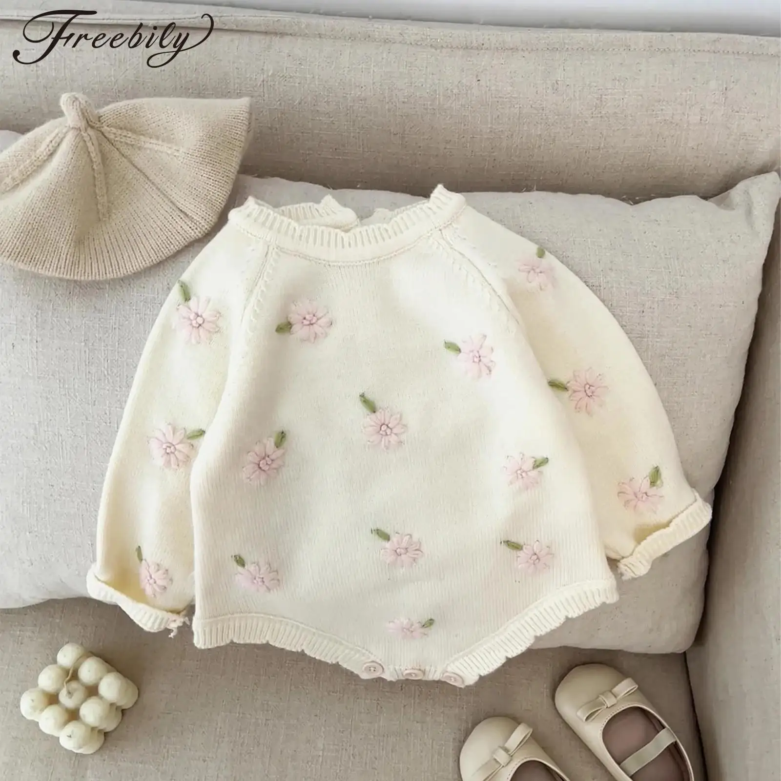 

Вязаный свитер на весну и осень для маленьких девочек, милый комбинезон с длинными рукавами и цветочной вышивкой, одежда для младенцев, повседневная одежда