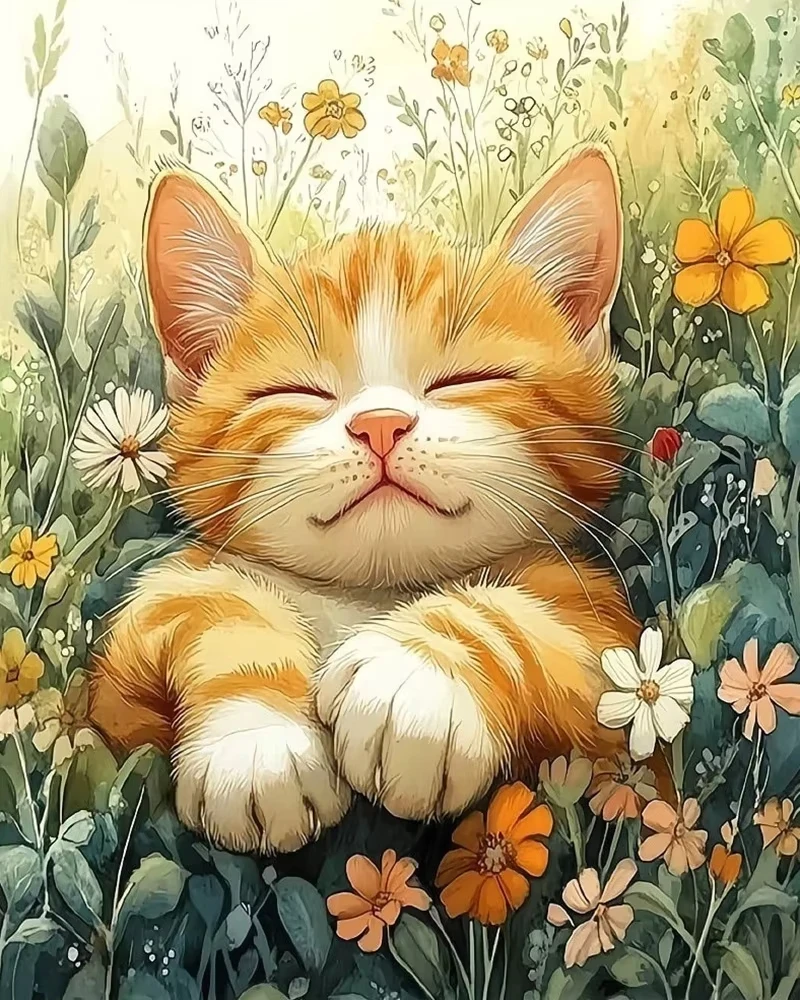 Malen nach Zahlen: Katze – DIY Digitales Ölgemälde, Kätzchen-Tier-Ölgemälde nach Zahlen, Blumen-Kunsthandwerk, handgemaltes Geschenk