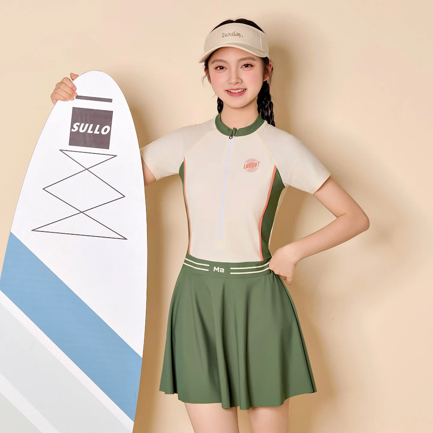 Fashion Girls One Piece Swim Dress Short Sleeve Swimsuit with Chest Pads Front Zipper And Safety Shorts Beachwear for Teen