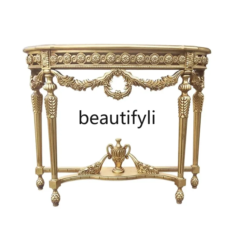 A80 French all-solid wood champagne gold retro carving, gold foil old craftsmanship luxury foyer entrance table