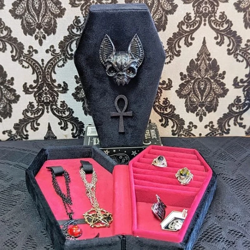 Boîte à bijoux en forme de cercueil de chauve-souris vampire, velours gothique, boîte de rangement pour matiques et colliers, étui d'emballage d'affichage