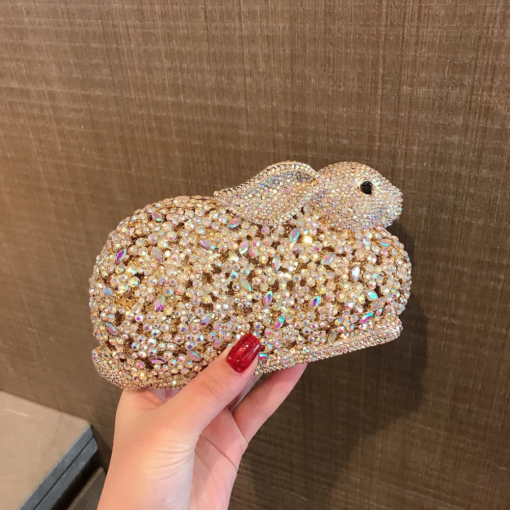 Luxury Cute Rabbit Metal Box Crystal Rhinestone Diamond Evening Bag Wedding Party Clutch Purse Women\'s Handbag Shoulder Bag