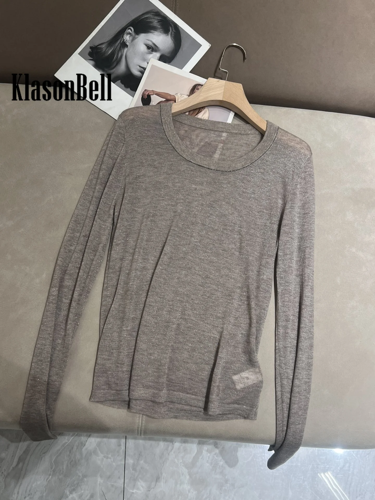 11.25 KlasonBell-Women Clothes New Beading Chain O-Neck Long Sleeve Wool Blend Knitwear Thin Bright Silk Fit Subcoating Top