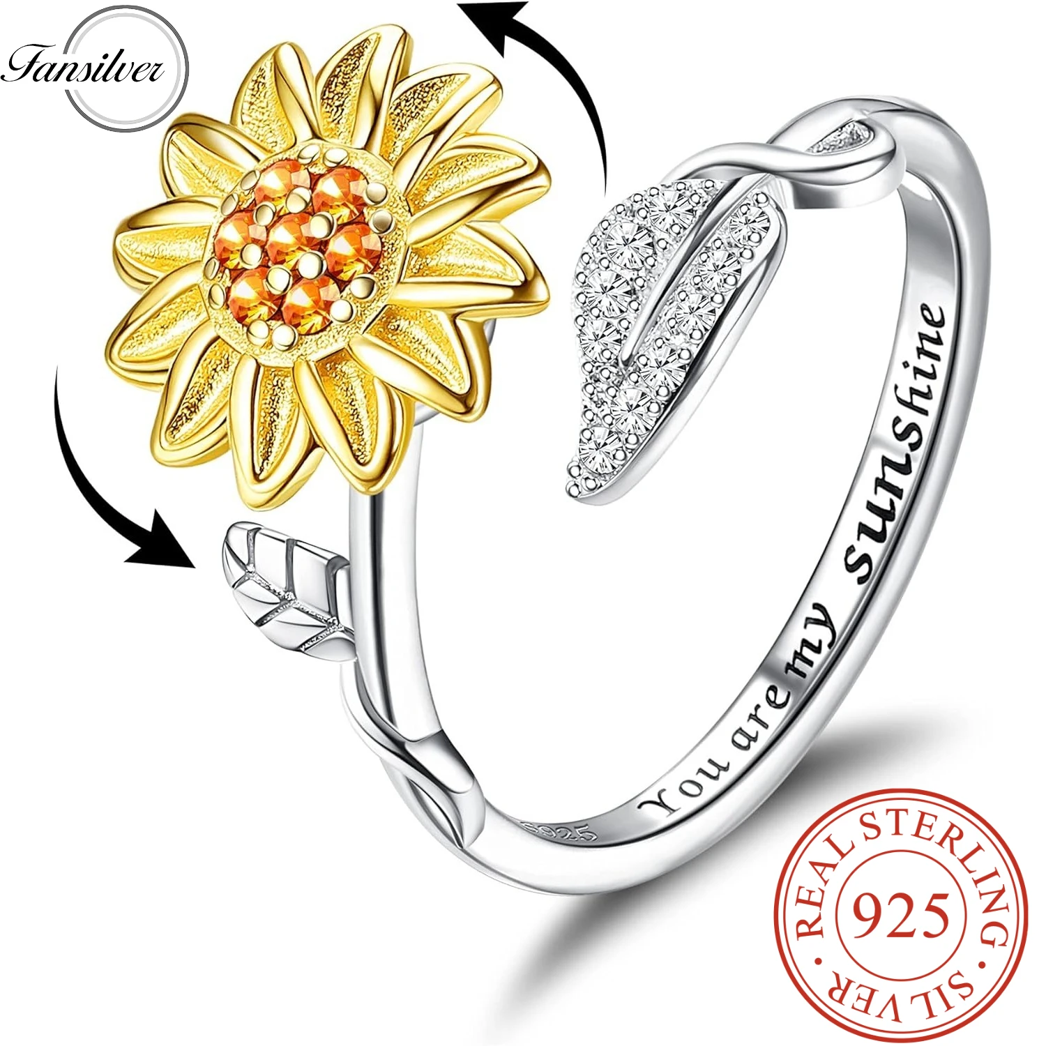 Fansilver 925 Sterling Silver Anxiety Ring for Women You are My Sunshine Ring Sunflower Rings Adjustable Fidget Spinner Rings