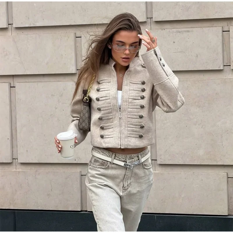 Napoleon Militär-Kurzjacke für Damen, Mehrfarbige Metall-Longsleeve-Jacken, Vintage-Oberbekleidung, Lässiger Schlanker Kurzmantel – Detail 13