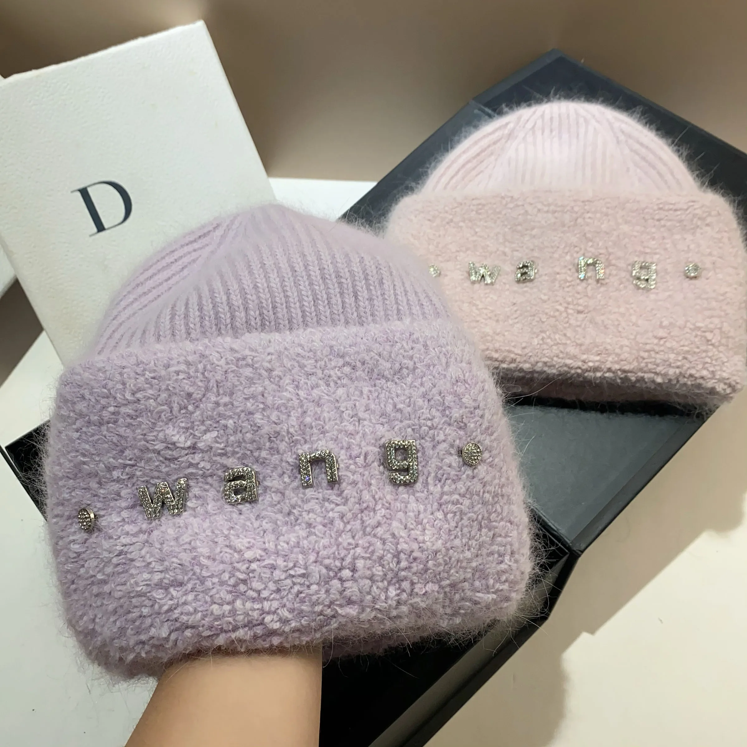 Rhinestone letters new rabbit fur knitted hat winter Nordic cold warmth thickened double fold circle plush ear protection hat