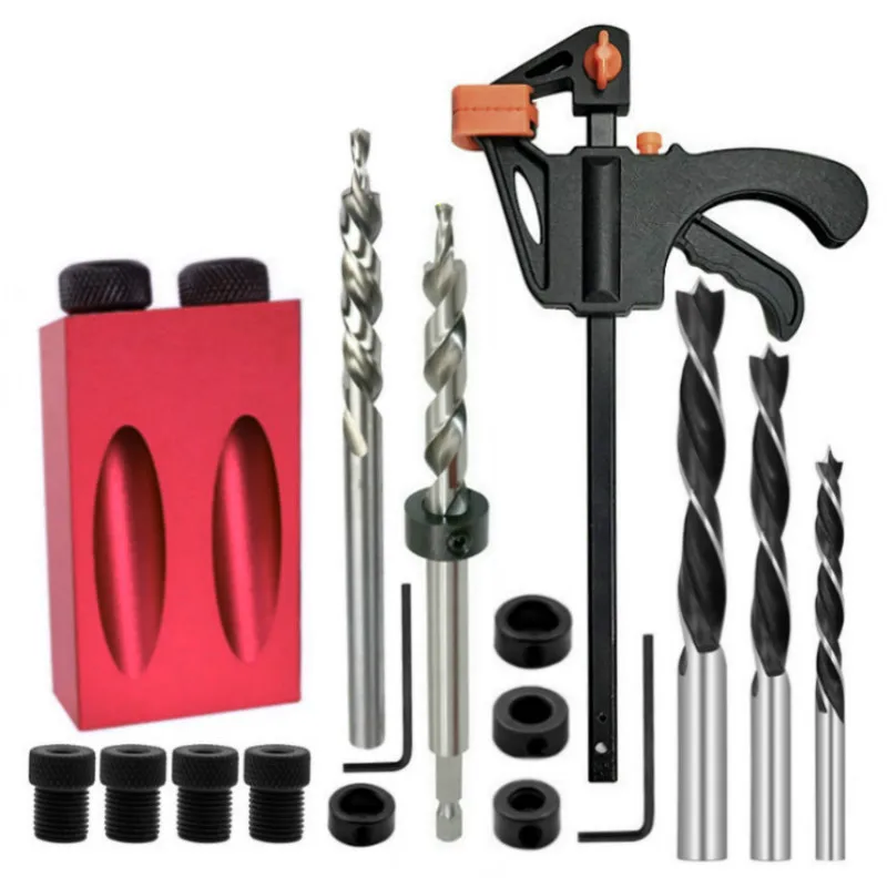 15 Degress Oblique Hole Locator Drill Guide Set Pocket Hole Jig Kit Drill Guide Set Puncher Locator with Hole Locator Fittings
