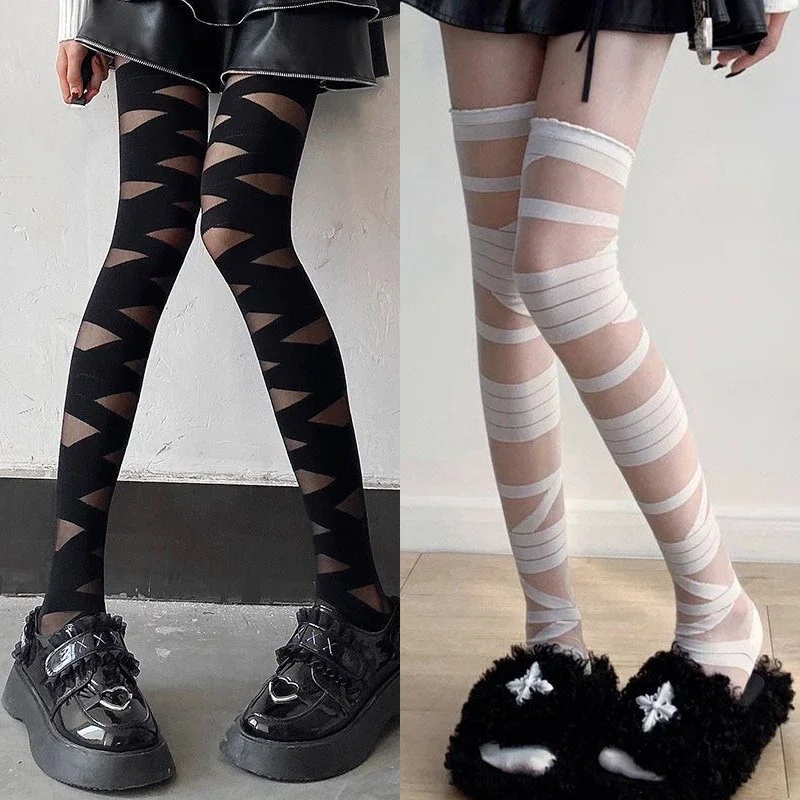 Lace Bandage Fishnet Stockings Women Sexy Lolita Over The Knee Leggings Sweet Long Tube Socks Lace Hosiery Cross Tie Tights