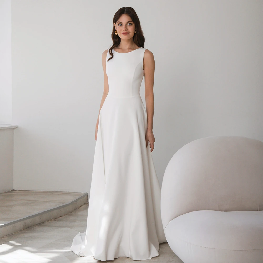 Simple A-Line Jersey Sleeveless Wedding Dress for Brides Customized O-Neck Civil Bridal Gowns with Sweep Train vestido de novIV