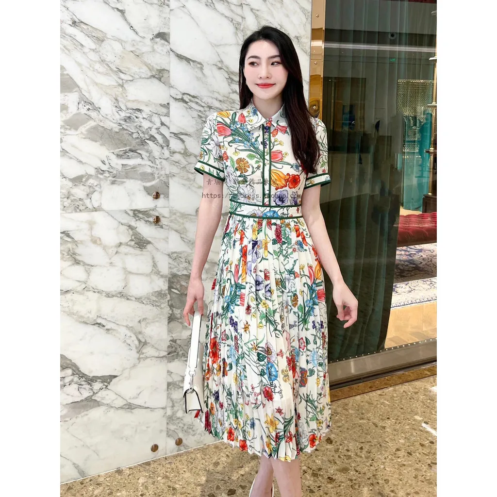Fashion Floral Print Elegant Summer Pleated Midi Long Dress Shirt Street Casual Lady Office Work Dresses